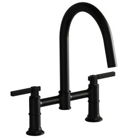 Modern Double Handle 2 Holes Deck Mount Bridge Kitchen Faucet With 360 Swivel Spout Sink Faucet In Matte Black (Color: Matte Black)