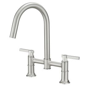 Modern Double Handle 2 Holes Deck Mount Bridge Kitchen Faucet With 360 Swivel Spout Sink Faucet In Matte Black (Color: Brushed Nickel)